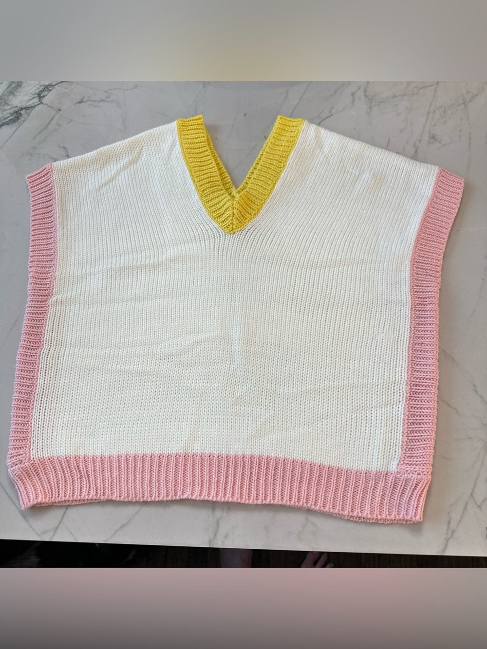 Emily Wonder 2X Cream V-Neck Sweater with Yellow Trim and Pink Hem